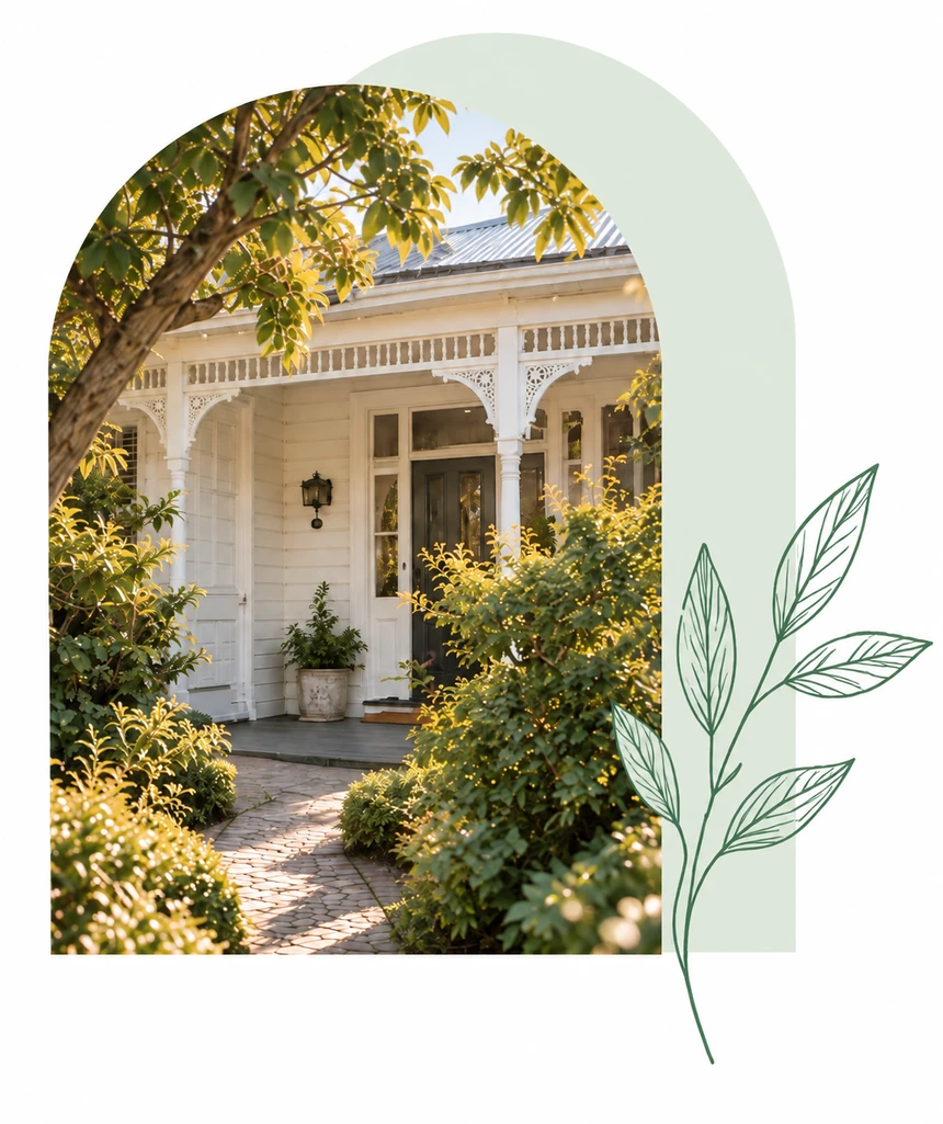 Sunlit entrance to a weatherboard home framed by a garden
